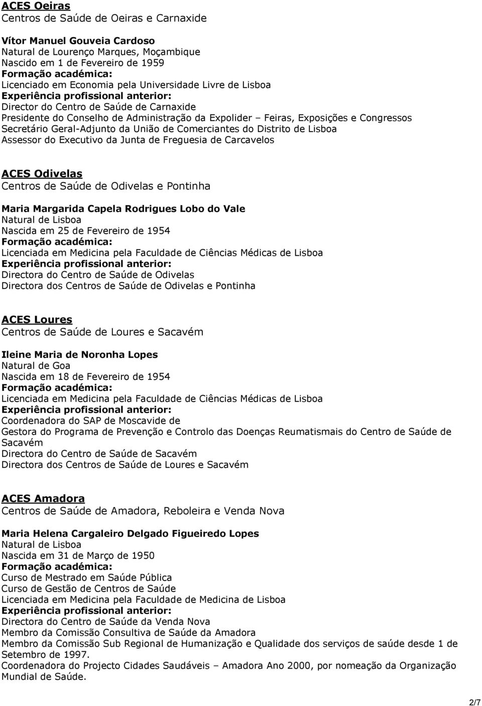 Distrito de Lisboa Assessor do Executivo da Junta de Freguesia de Carcavelos ACES Odivelas Centros de Saúde de Odivelas e Pontinha Maria Margarida Capela Rodrigues Lobo do Vale Nascida em 25 de