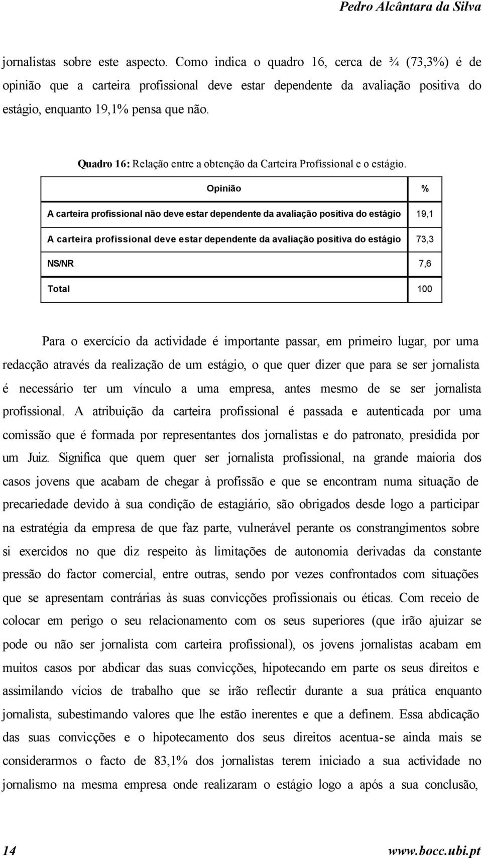 Quadro 16: Relação entre a obtenção da Carteira Profissional e o estágio.