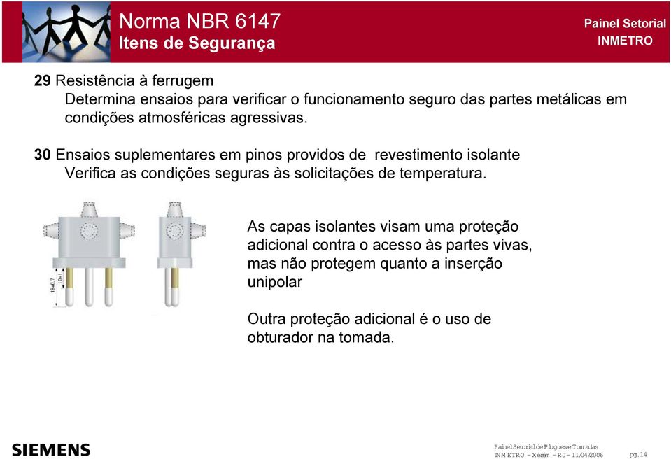 30 Ensaios suplementares em pinos providos de revestimento isolante Verifica as condições seguras às solicitações de