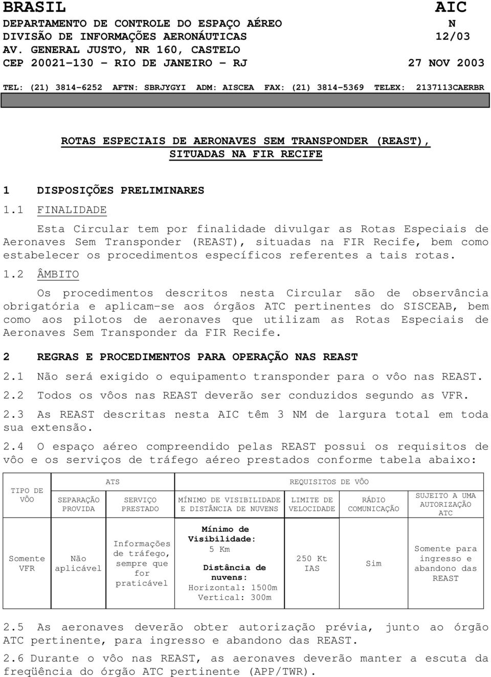 TRANSPONDER (REAST), SITUADAS NA FIR RECIFE 1 DISPOSIÇÕES PRELIMINARES 1.