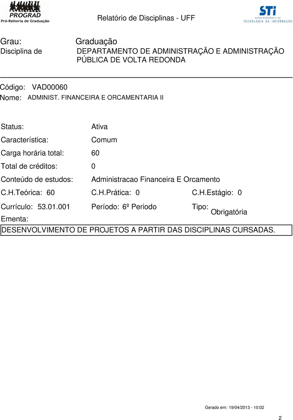 Financeira E Orcamento C.H.Teórica: 6 C.H.Prática: Currículo: 53.