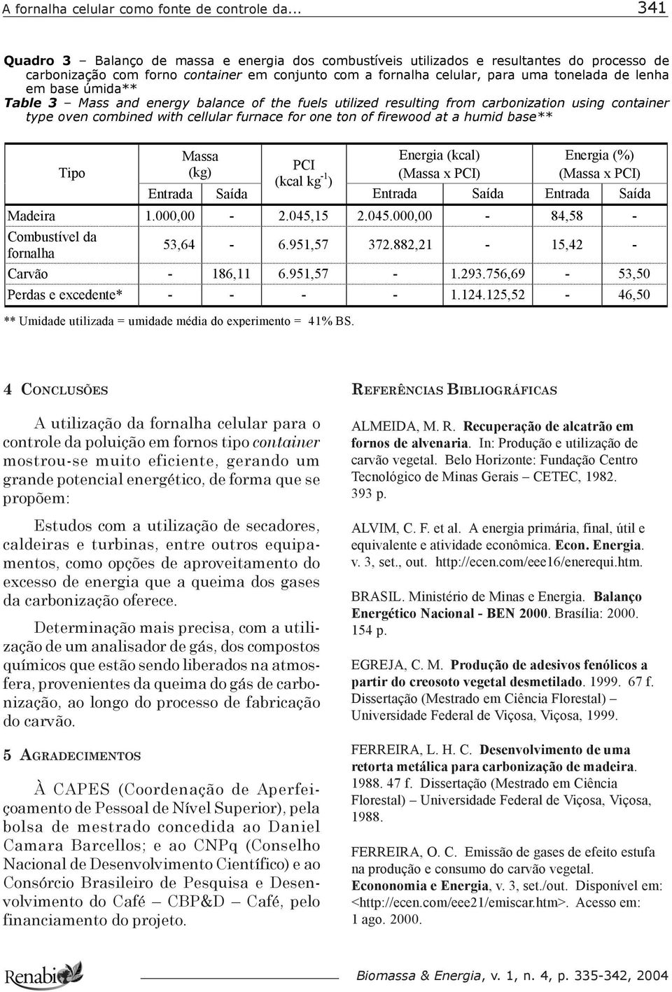 base úmida** Table 3 Mass and energy balance of the fuels utilized resulting from carbonization using container type oven combined with cellular furnace for one ton of firewood at a humid base** Tipo
