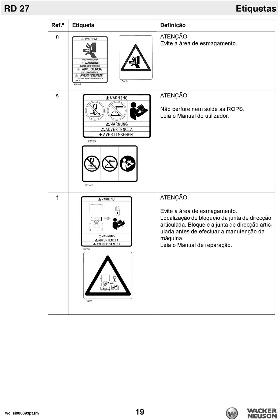 Evite a área de esmagamento. Localização de bloqueio da junta de direcção articulada.