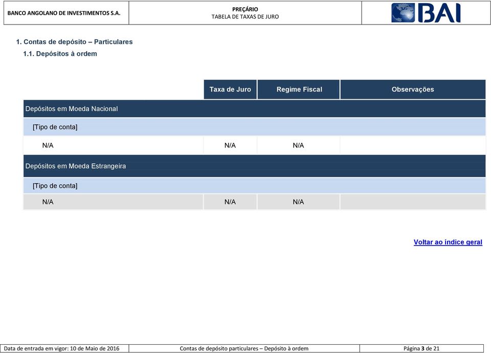Depósitos em Moeda Estrangeira [Tipo de conta] N/A N/A N/A Data de entrada em
