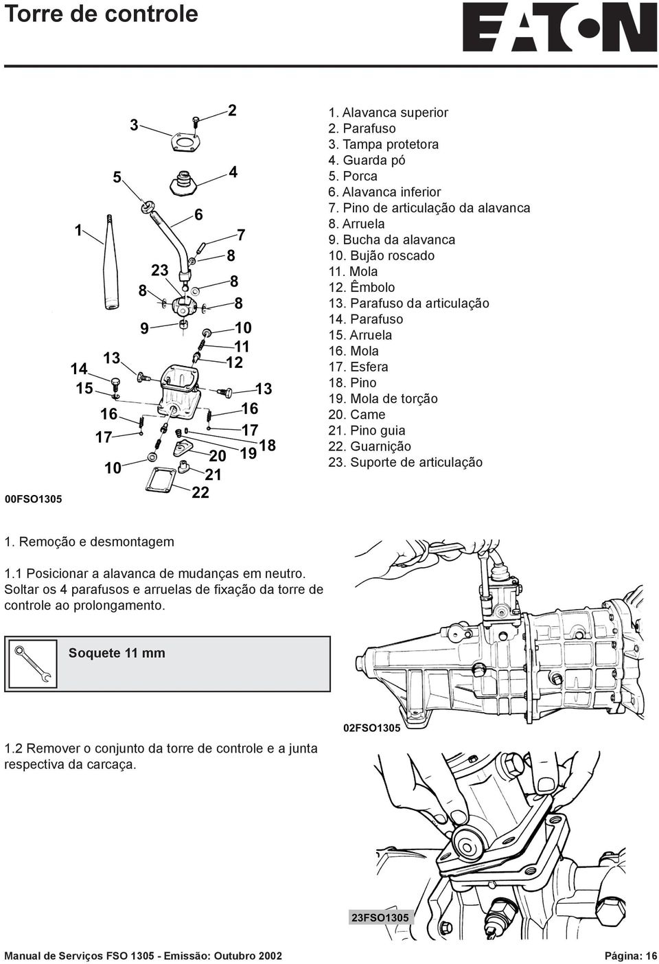 Came 21. Pino guia 22. Guarnição 23. Suporte de articulação 1. Remoção e desmontagem 1.1 Posicionar a alavanca de mudanças em neutro.