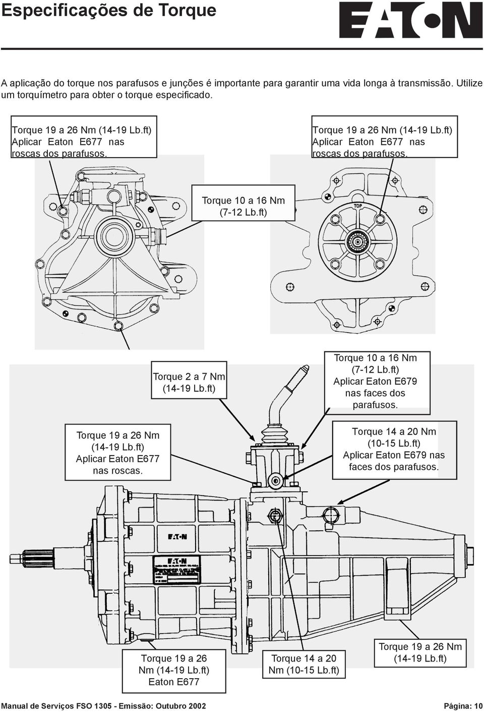 ft) Torque 19 a 26 Nm (14-19 Lb.ft) Aplicar Eaton E677 nas roscas. Torque 2 a 7 Nm (14-19 Lb.ft) Torque 10 a 16 Nm (7-12 Lb.ft) Aplicar Eaton E679 nas faces dos parafusos.