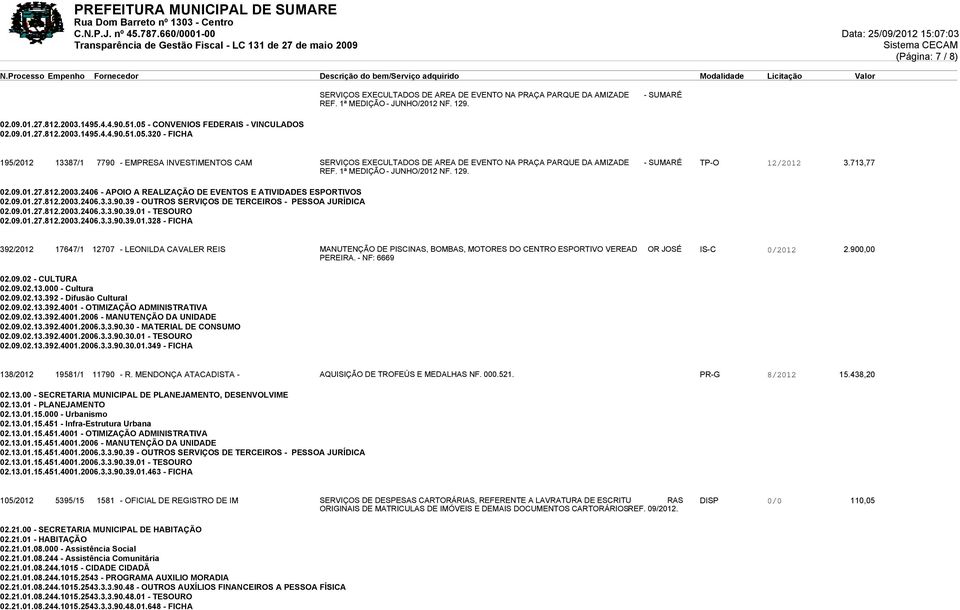 713,77 REF. 1ª MEDIÇÃO - JUNHO/2012 NF. 129. 02.09.01.27.812.2003.2406 - APOIO A REALIZAÇÃO DE EVENTOS E ATIVIDADES ESPORTIVOS 02.09.01.27.812.2003.2406.3.3.90.