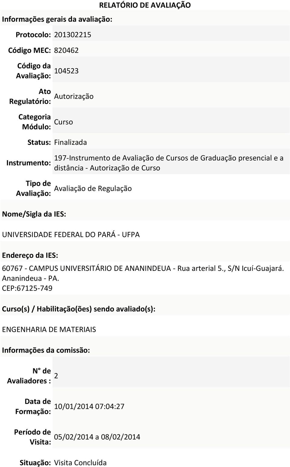 UNIVERSIDADE FEDERAL DO PARÁ - UFPA Endereço da IES: 60767 - CAMPUS UNIVERSITÁRIO DE ANANINDEUA - Rua arterial 5., S/N Icuí-Guajará. Ananindeua - PA.