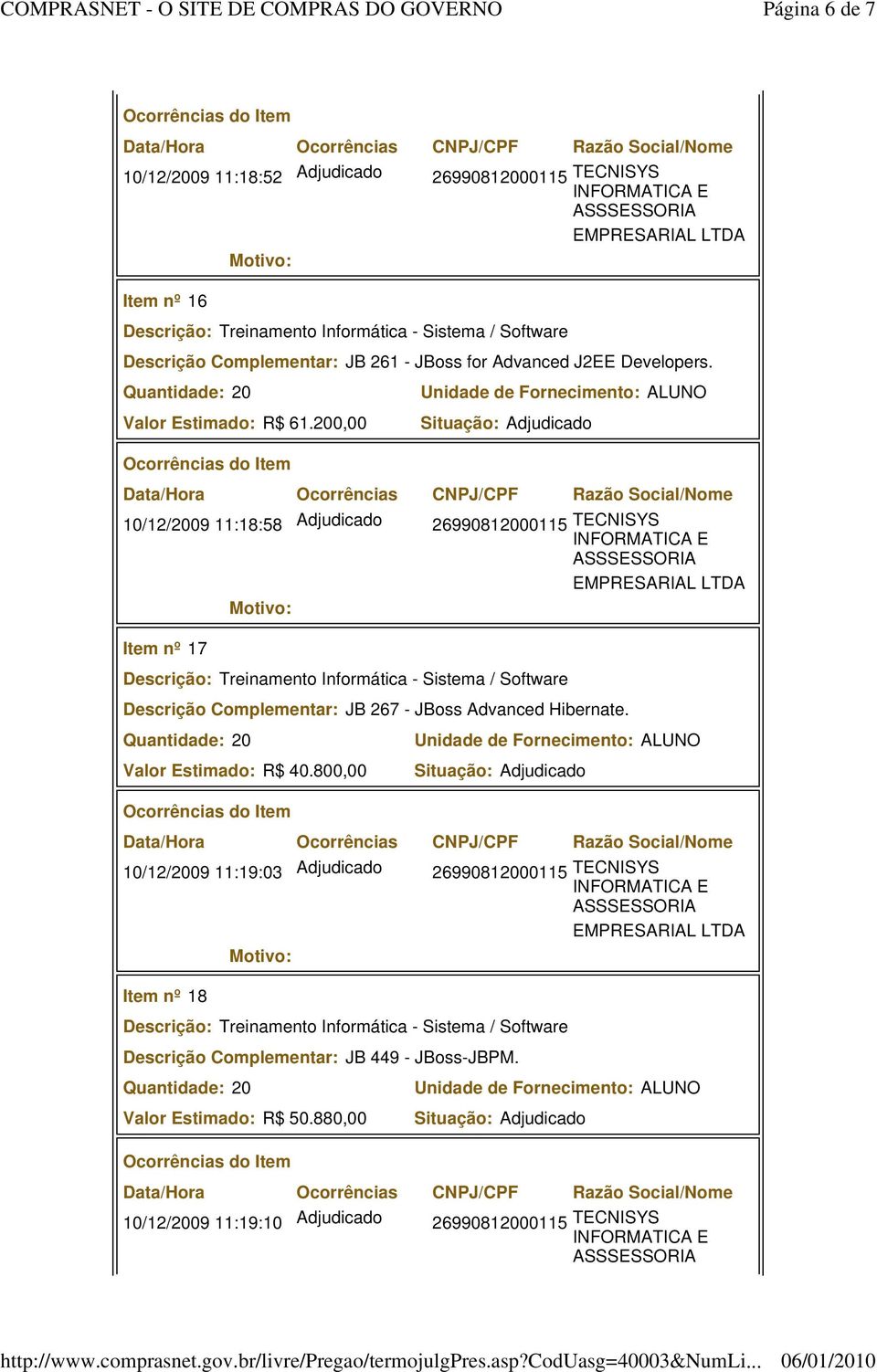 200,00 10/12/2009 11:18:58 Adjudicado 26990812000115 TECNISYS Item nº17 Descrição Complementar:JB 267 - JBoss Advanced