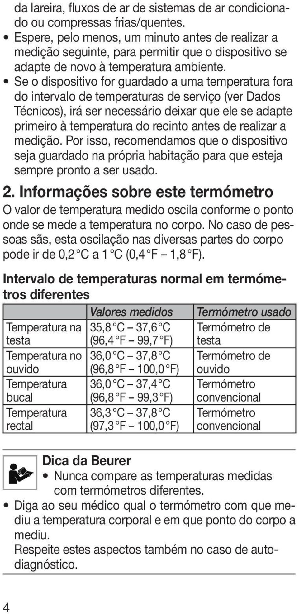 Se o dispositivo for guardado a uma temperatura fora do intervalo de temperaturas de serviço (ver Dados Técnicos), irá ser necessário deixar que ele se adapte primeiro à temperatura do recinto antes