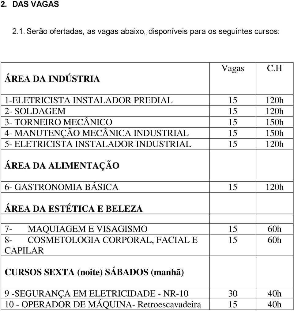 ELETRICISTA INSTALADOR INDUSTRIAL 15 120h ÁREA DA ALIMENTAÇÃO 6- GASTRONOMIA BÁSICA 15 120h ÁREA DA ESTÉTICA E BELEZA 7- MAQUIAGEM E VISAGISMO 15