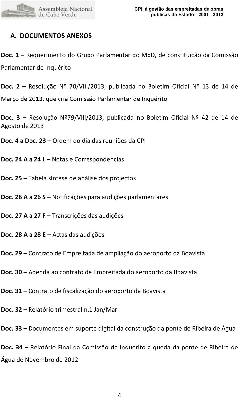 3 Resolução Nº79/VIII/2013, publicada no Boletim Oficial Nº 42 de 14 de Agosto de 2013 Doc. 4 a Doc. 23 Ordem do dia das reuniões da CPI Doc. 24 A a 24 L Notas e Correspondências Doc.