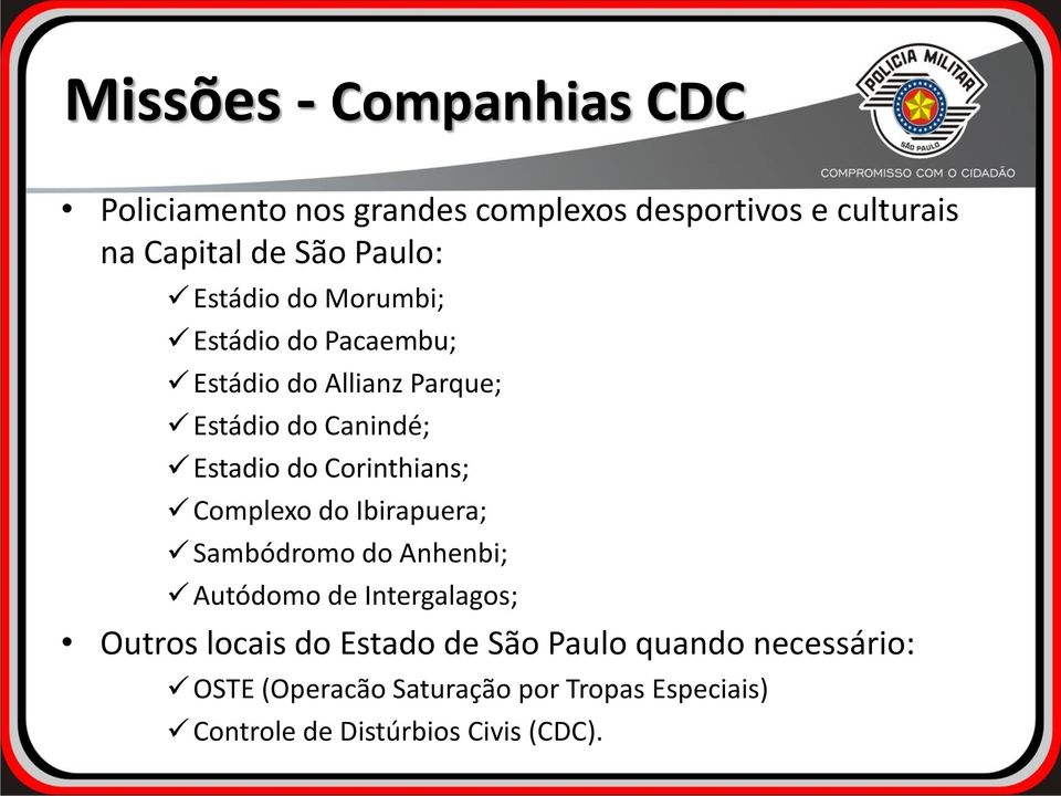 Corinthians; Complexo do Ibirapuera; Sambódromo do Anhenbi; Autódomo de Intergalagos; Outros locais do
