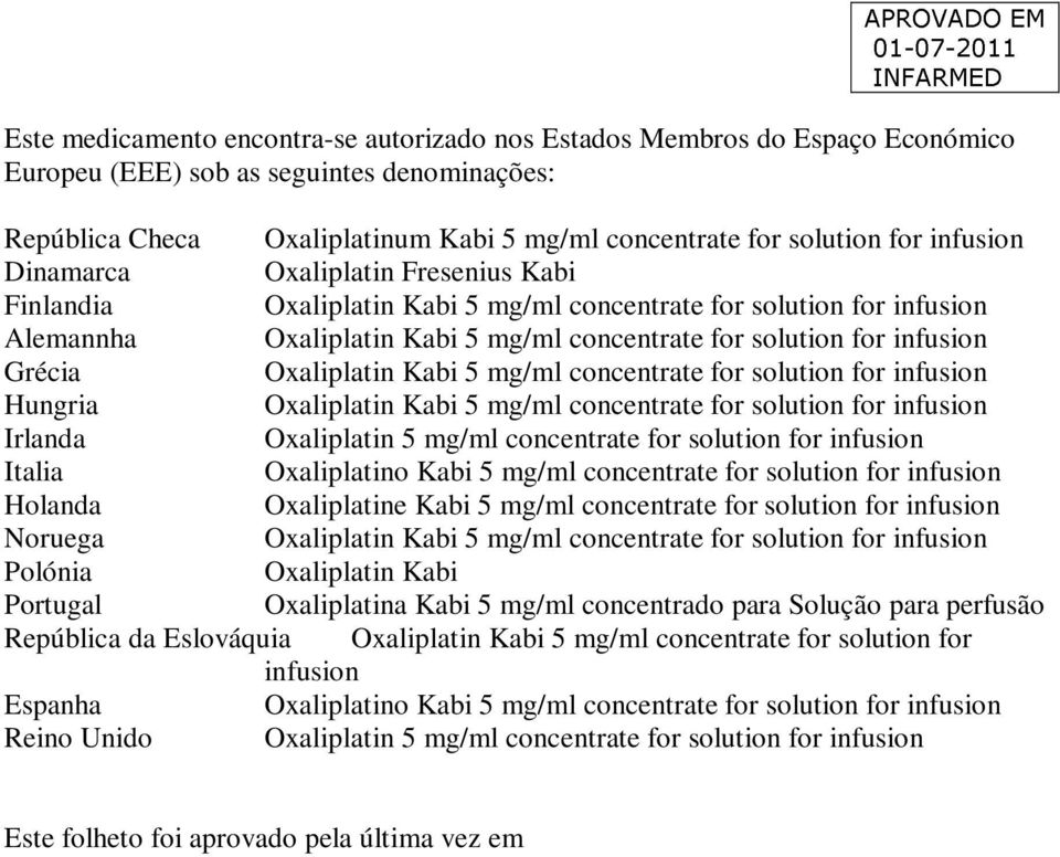 Oxaliplatin Kabi 5 mg/ml concentrate for solution for infusion Hungria Oxaliplatin Kabi 5 mg/ml concentrate for solution for infusion Irlanda Oxaliplatin 5 mg/ml concentrate for solution for infusion