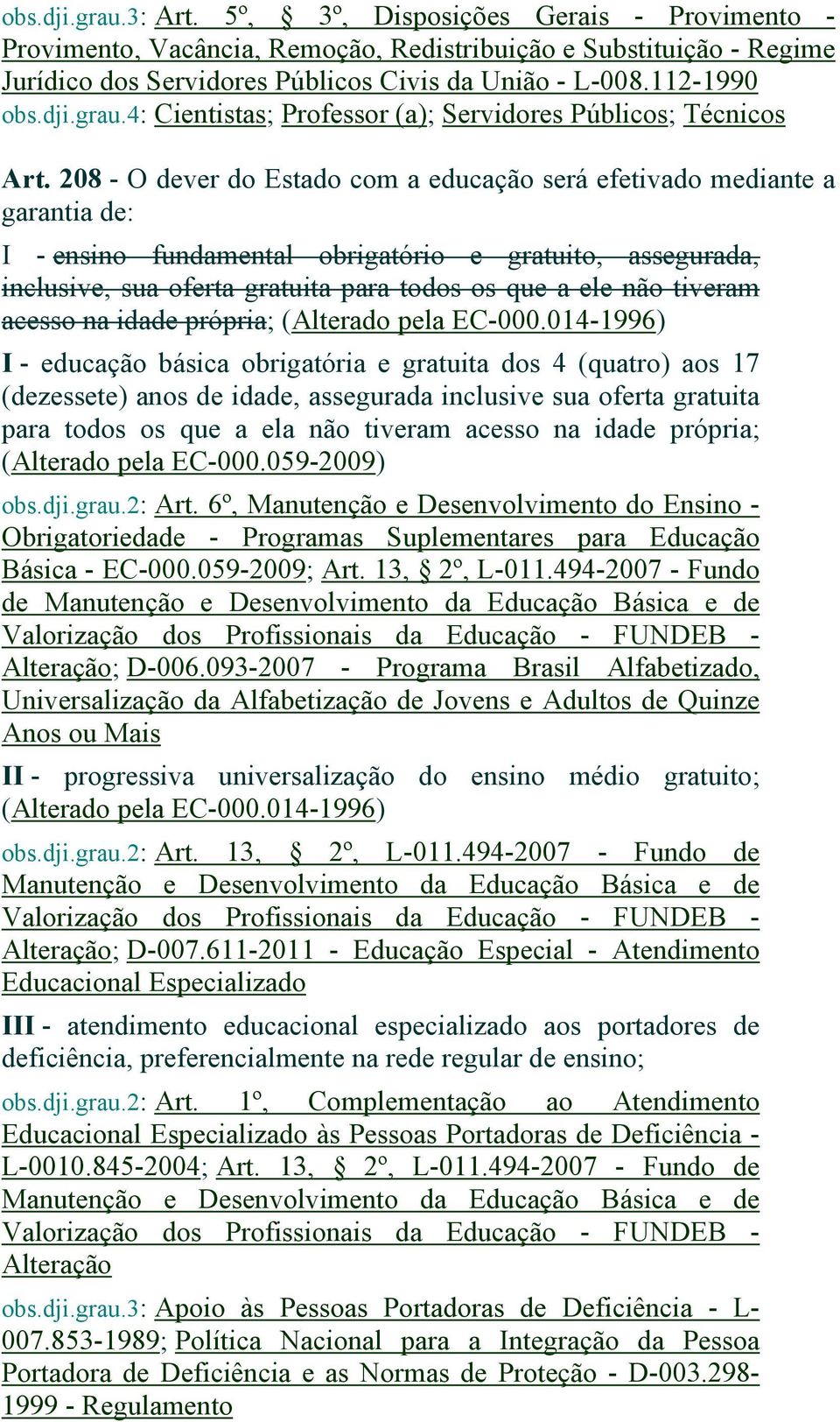 208 - O dever do Estado com a educação será efetivado mediante a garantia de: I - ensino fundamental obrigatório e gratuito, assegurada, inclusive, sua oferta gratuita para todos os que a ele não