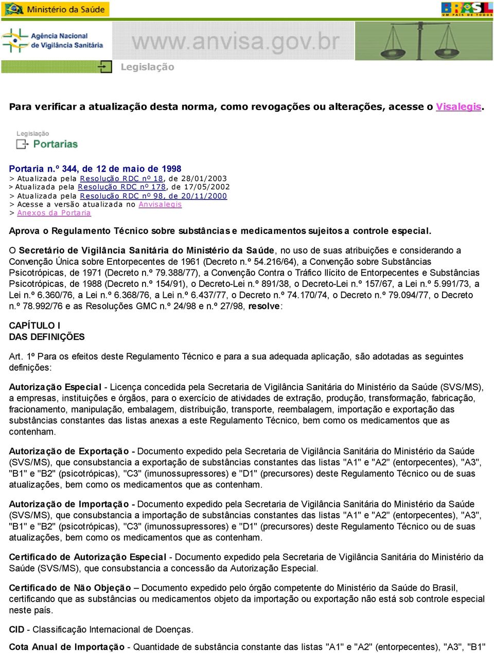 versão atualizada no Anvisalegis > Anexos da Portaria Aprova o Regulamento Técnico sobre substâncias e medicamentos sujeitos a controle especial.