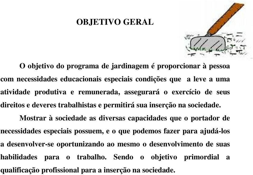 Mostrar à sociedade as diversas capacidades que o portador de necessidades especiais possuem, e o que podemos fazer para ajudá-los a desenvolver-se