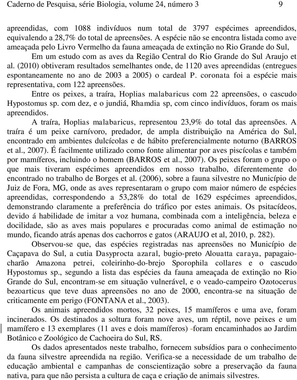 al. (2010) obtiveram resultados semelhantes onde, de 1120 aves apreendidas (entregues espontaneamente no ano de 2003 a 2005) o cardeal P.