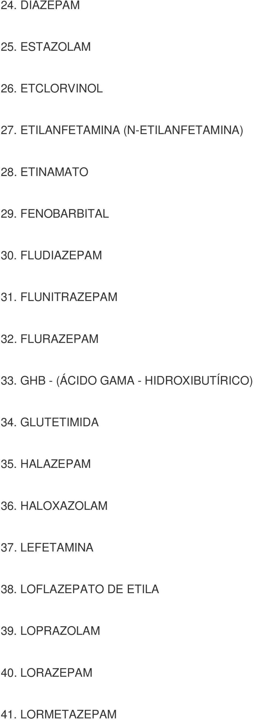 GHB - (ÁCIDO GAMA - HIDROXIBUTÍRICO) 34. GLUTETIMIDA 35. HALAZEPAM 36.