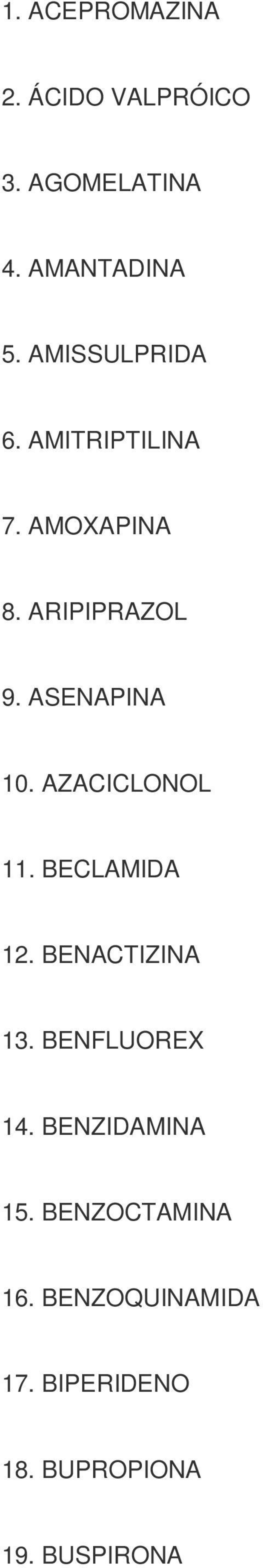 AZACICLONOL 11. BECLAMIDA 12. BENACTIZINA 13. BENFLUOREX 14.