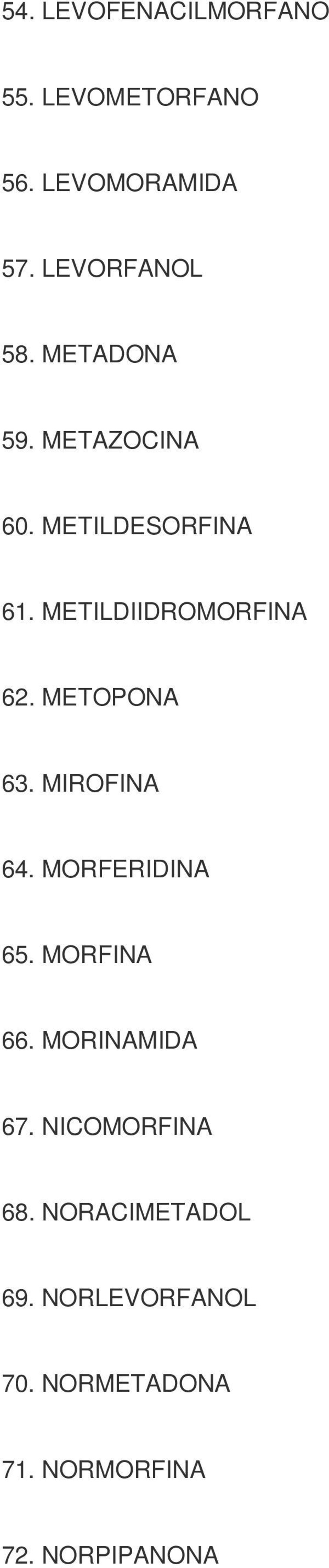 METOPONA 63. MIROFINA 64. MORFERIDINA 65. MORFINA 66. MORINAMIDA 67.