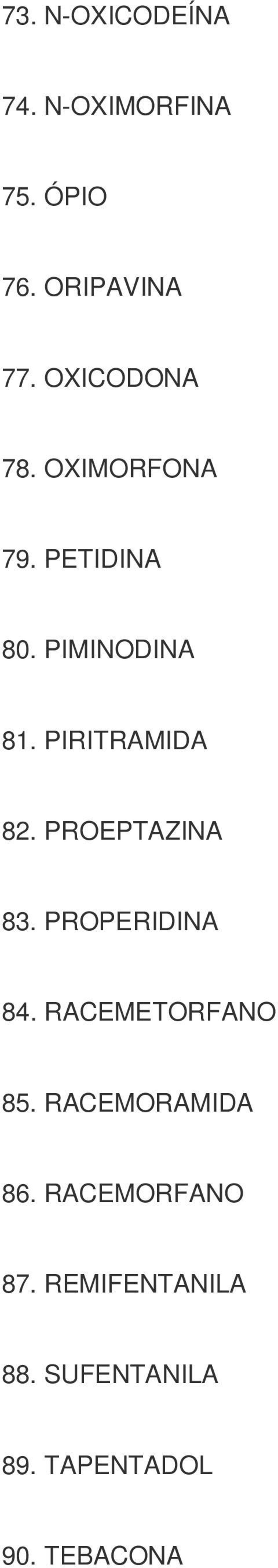 PIRITRAMIDA 82. PROEPTAZINA 83. PROPERIDINA 84. RACEMETORFANO 85.