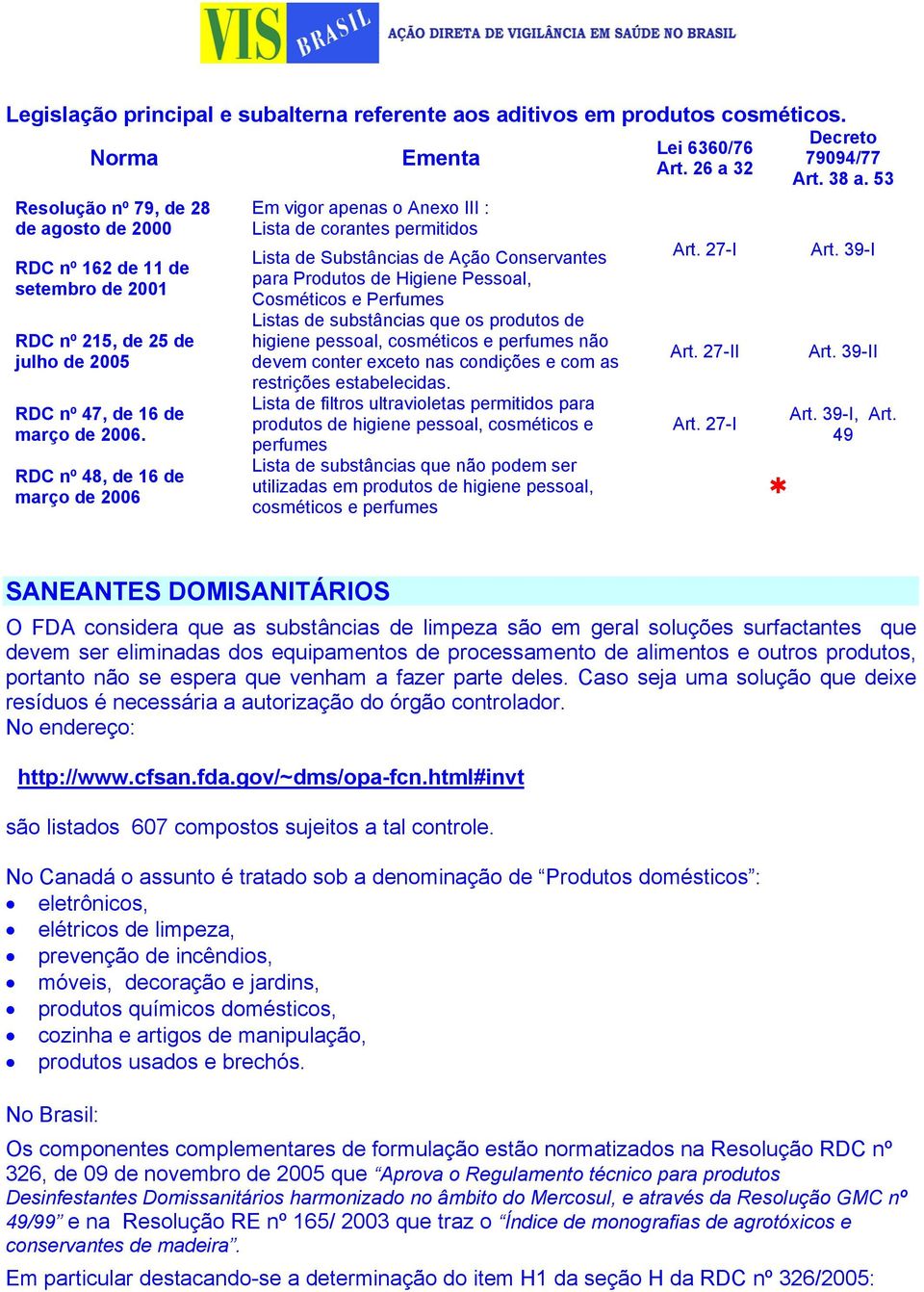 RDC nº 48, de 16 de março de 2006 Ementa Em vigor apenas o Anexo III : Lista de corantes permitidos Lista de Substâncias de Ação Conservantes para Produtos de Higiene Pessoal, Cosméticos e Perfumes