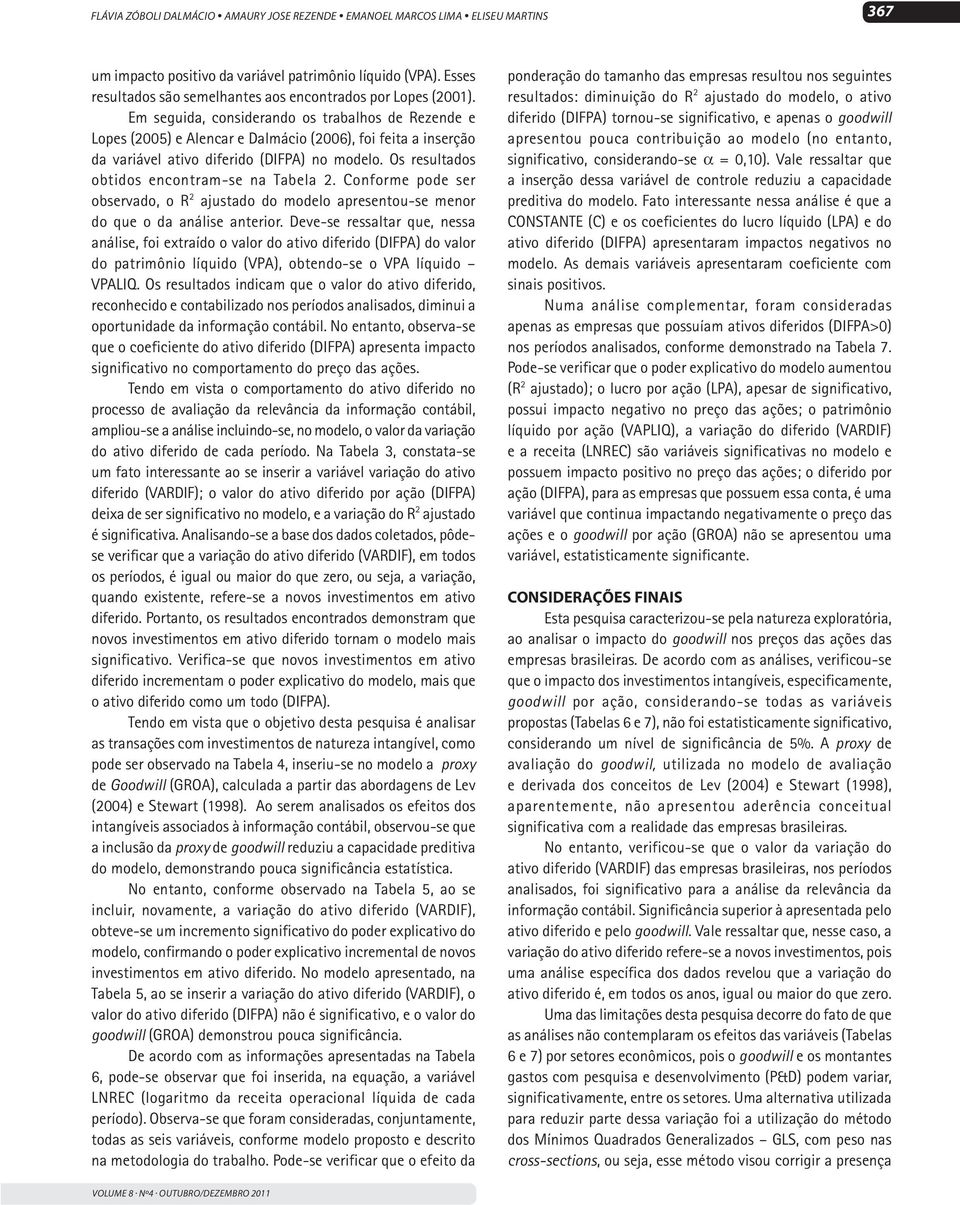 Em seguida, considerando os trabalhos de Rezende e Lopes (2005) e Alencar e Dalmácio (2006), foi feita a inserção da variável ativo diferido (DIFPA) no modelo.