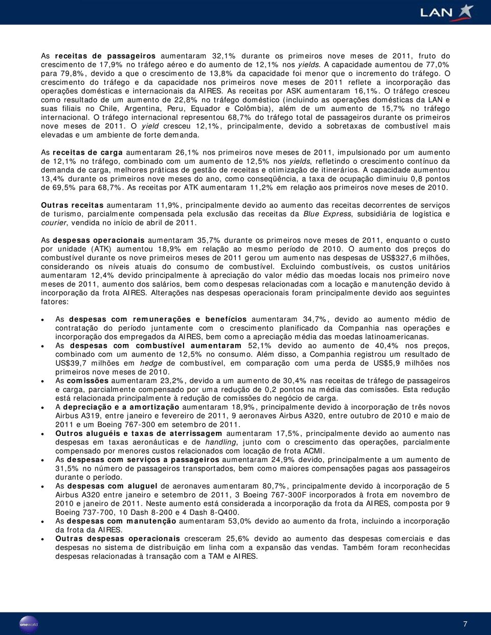 O crescimento do tráfego e da capacidade nos primeiros nove meses de 2011 reflete a incorporação das operações domésticas e internacionais da AIRES. As receitas por ASK aumentaram 16,1%.