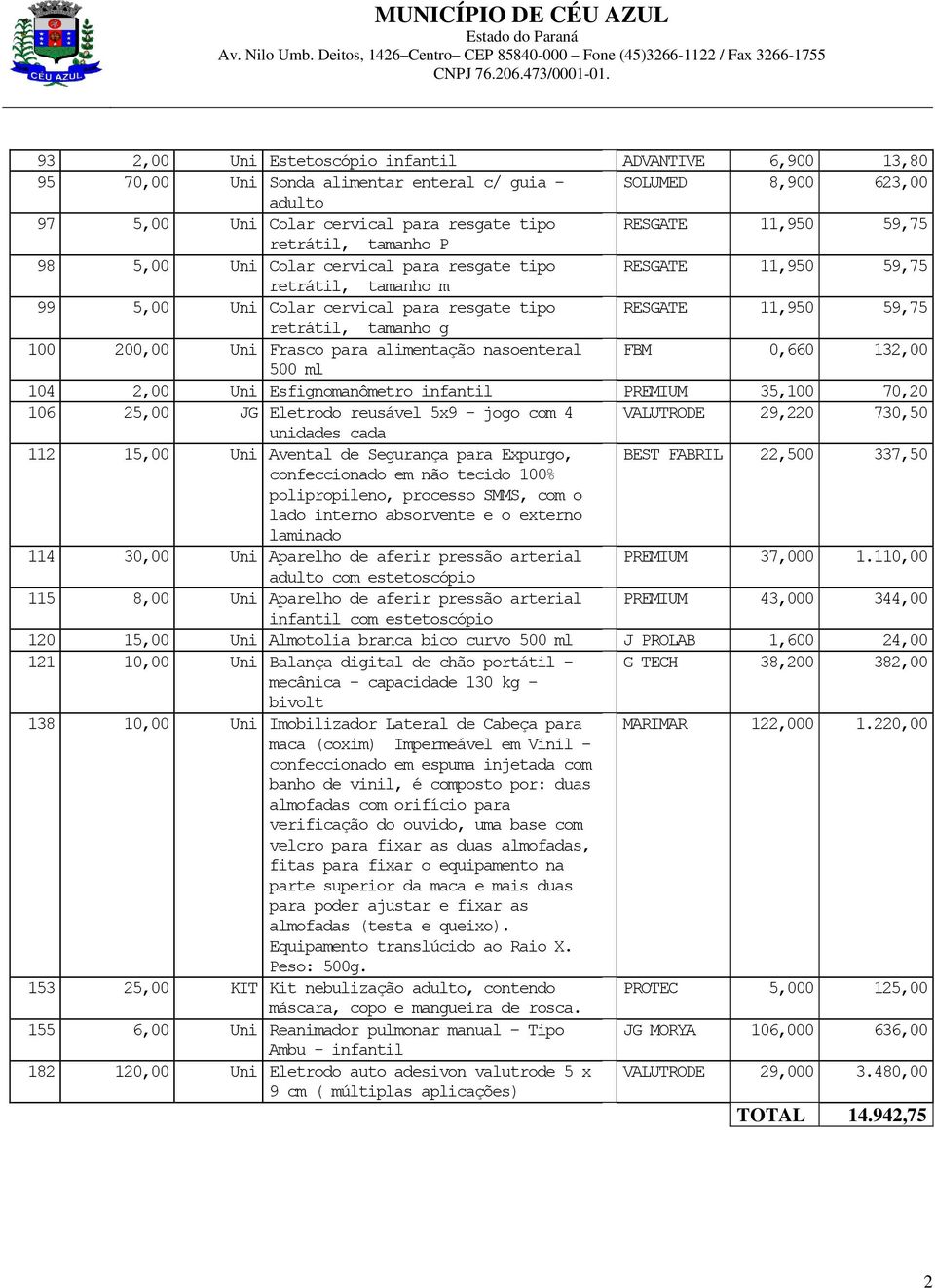 200,00 Uni Frasco para alimentação nasoenteral FBM 0,660 132,00 500 ml 104 2,00 Uni Esfignomanômetro infantil PREMIUM 35,100 70,20 106 25,00 JG Eletrodo reusável 5x9 - jogo com 4 VALUTRODE 29,220