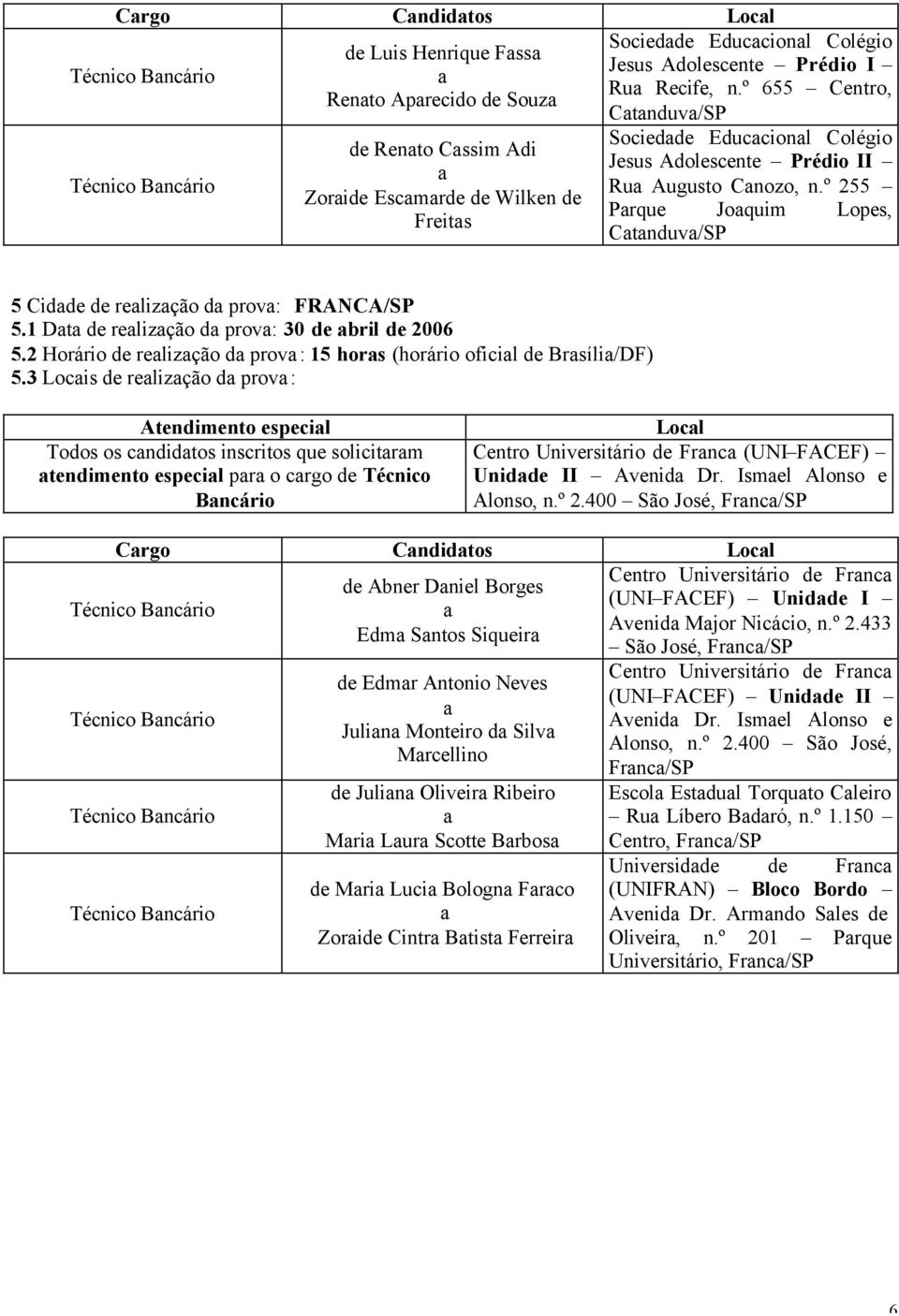 1 Dt de relizção d prov: 30 de bril de 2006 5.2 Horário de relizção d prov: 15 hors (horário oficil de Brsíli/DF) 5.