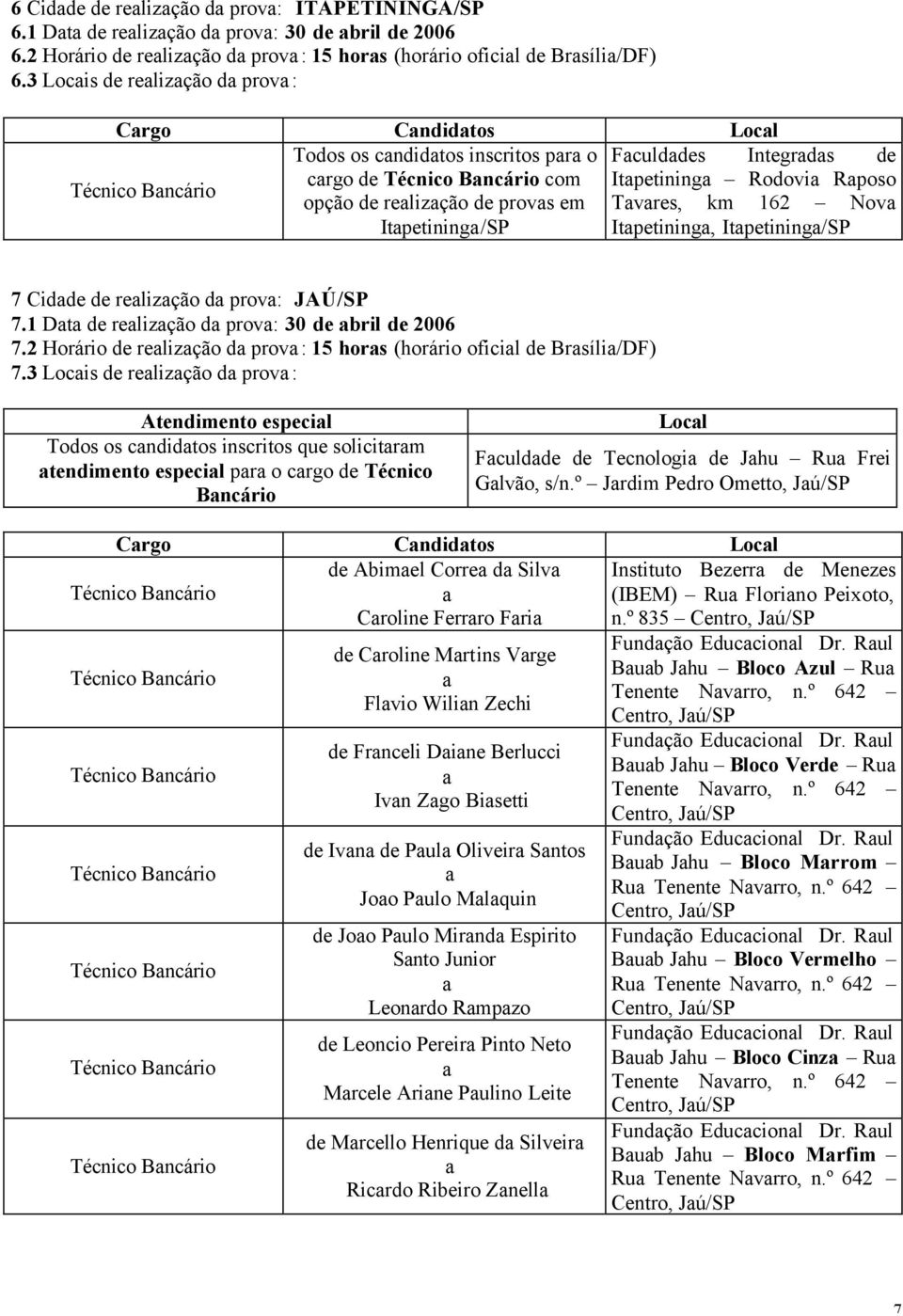 Itpetining, Itpetining/SP 7 Cidde de relizção d prov: JAÚ/SP 7.1 Dt de relizção d prov: 30 de bril de 2006 7.2 Horário de relizção d prov: 15 hors (horário oficil de Brsíli/DF) 7.