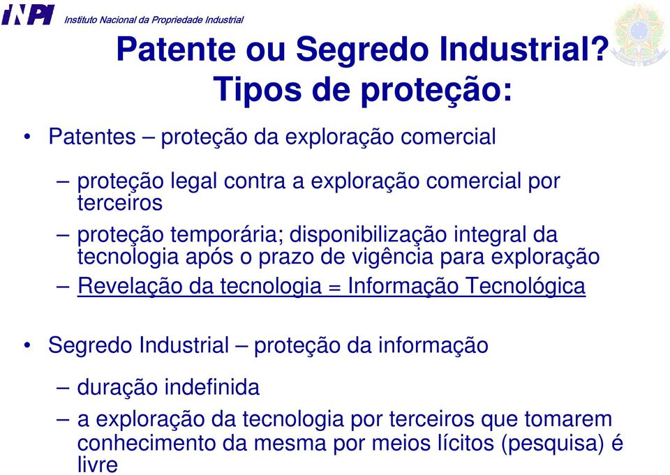 terceiros proteção temporária; disponibilização integral da tecnologia após o prazo de vigência para exploração