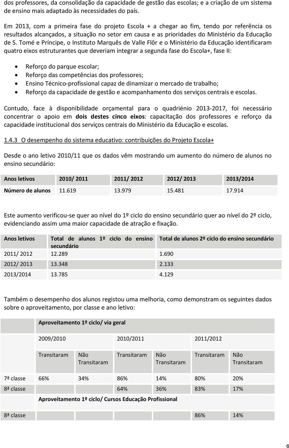 Tomé e Príncipe, o Instituto Marquês de Valle Flôr e o Ministério da Educação identificaram quatro eixos estruturantes que deveriam integrar a segunda fase do Escola+, fase II: Reforço do parque