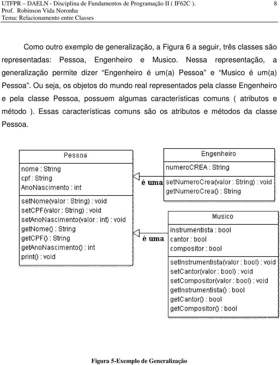 Nessa representação, a generalização permite dizer Engenheiro é um(a) Pessoa e Musico é um(a) Pessoa.