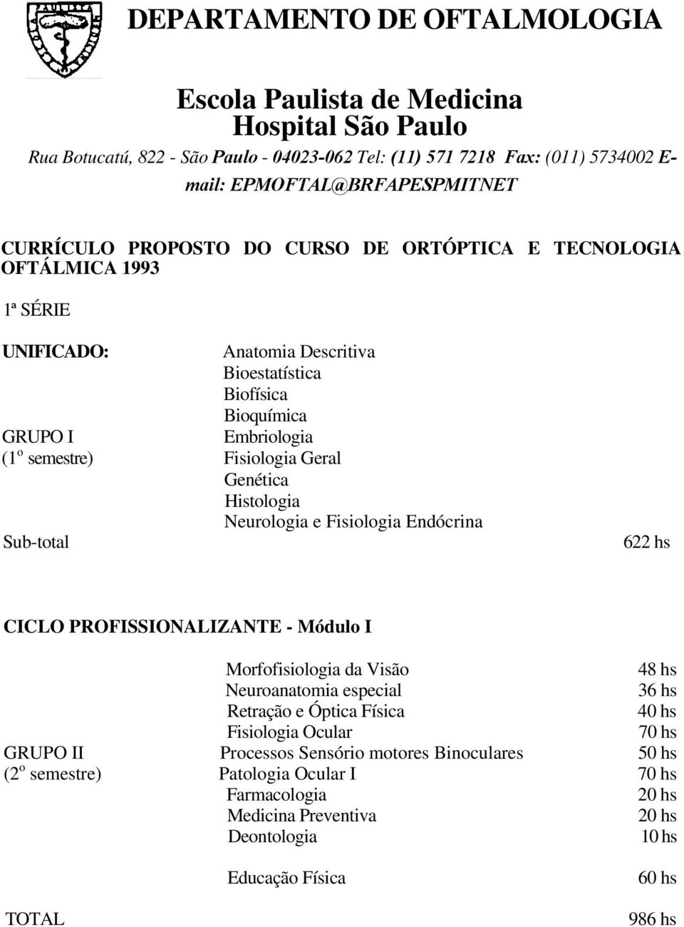 Histologia Neurologia e Fisiologia Endócrina Sub-total 622 hs CICLO PROFISSIONALIZANTE - Módulo I Morfofisiologia da Visão 48 hs Neuroanatomia especial 36 hs Retração e Óptica Física 40 hs