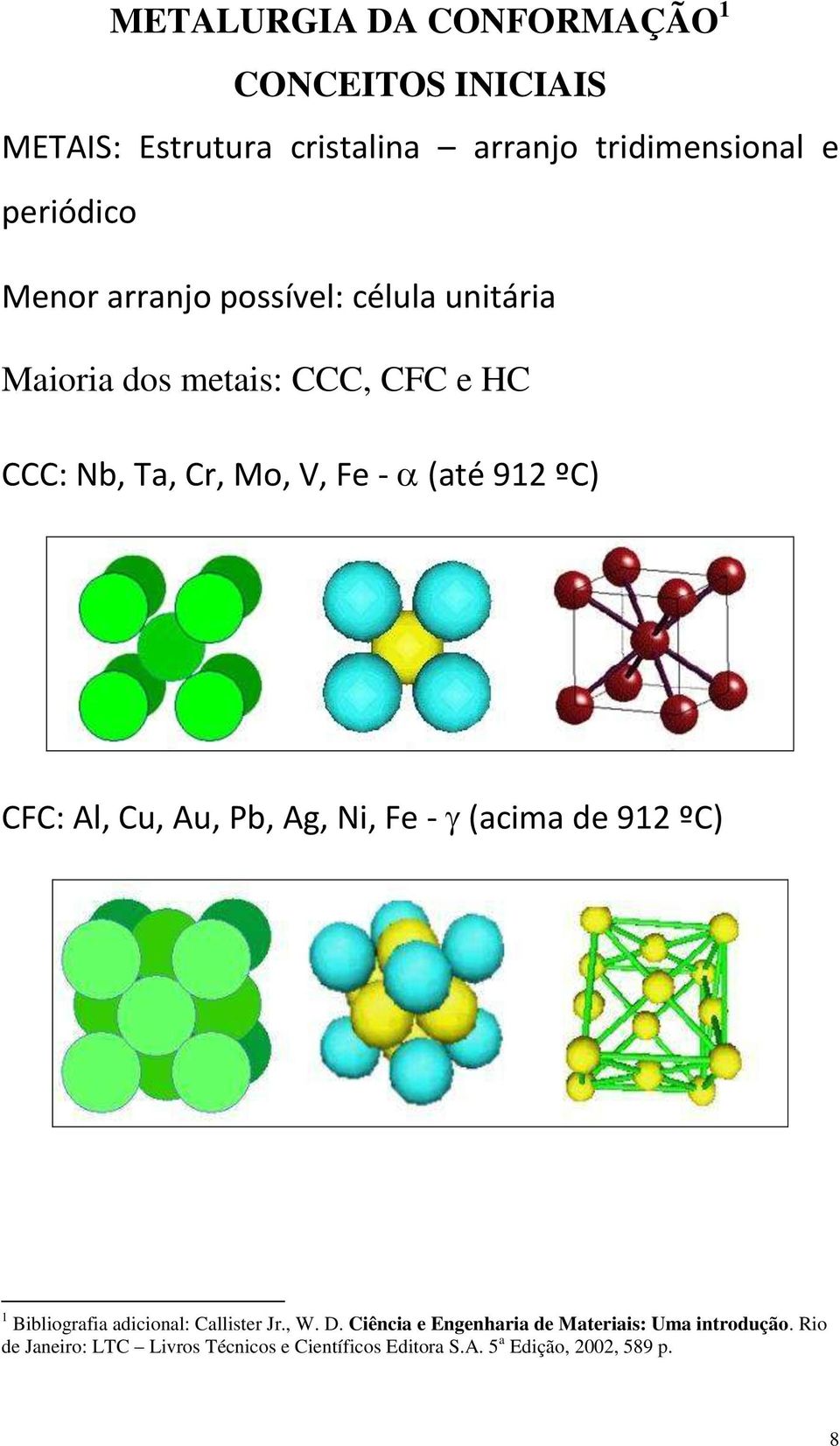 Al, Cu, Au, Pb, Ag, Ni, Fe - (acima de 912 ºC) 1 Bibliografia adicional: Callister Jr., W. D.