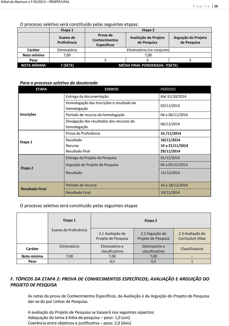 Específicos Arguição do Projeto de Pesquisa Caráter Eliminatório Eliminatório (no conjunto) Nota mínima 7,00 7,00 Peso 5 3 2 NOTA MÍNIMA 7 (SETE) MÉDIA FINAL PONDERADA: 7(SETE) Para o processo