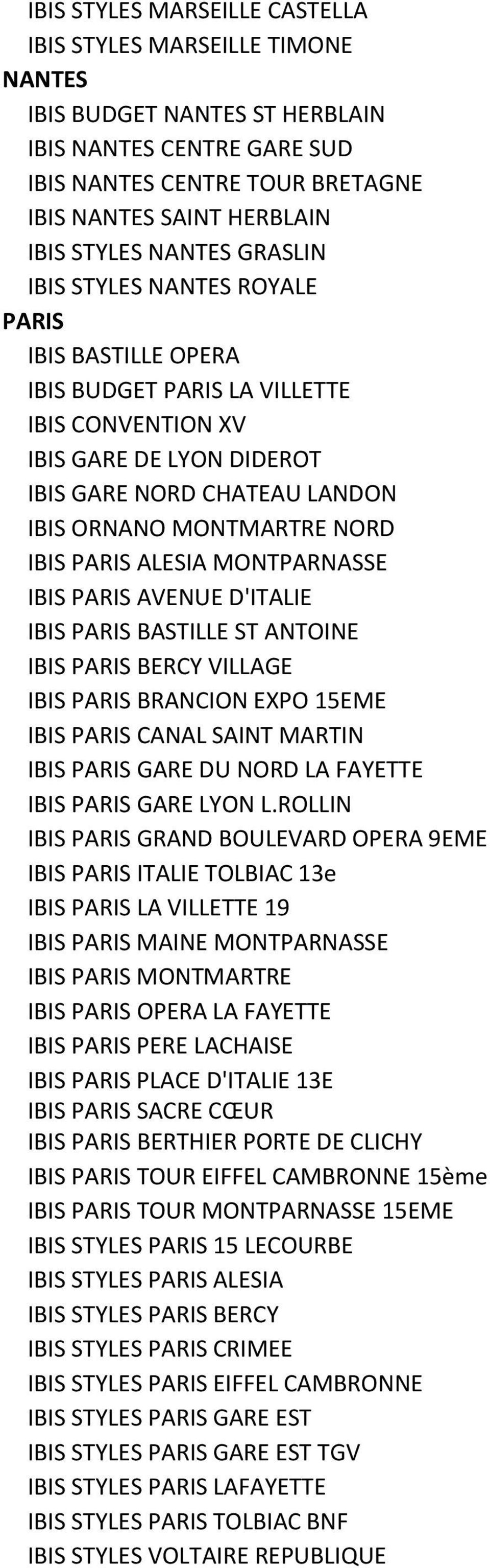 IBIS PARIS ALESIA MONTPARNASSE IBIS PARIS AVENUE D'ITALIE IBIS PARIS BASTILLE ST ANTOINE IBIS PARIS BERCY VILLAGE IBIS PARIS BRANCION EXPO 15EME IBIS PARIS CANAL SAINT MARTIN IBIS PARIS GARE DU NORD