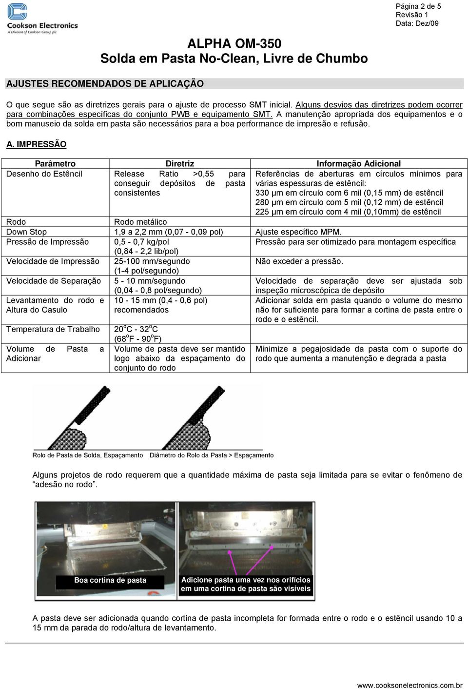 A manutenção apropriada dos equipamentos e o bom manuseio da solda em pasta são necessários para a boa performance de impresão e refusão. A.