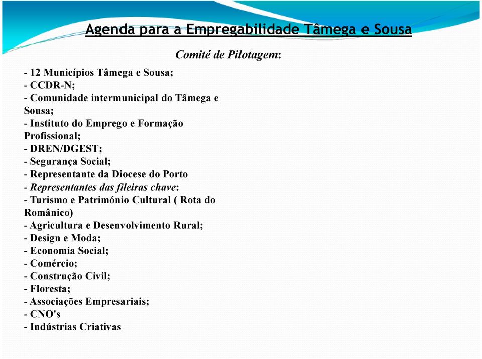 das fileiras chave: - Turismo e Património Cultural ( Rota do Românico) - Agricultura e Desenvolvimento Rural; - Design e Moda; -