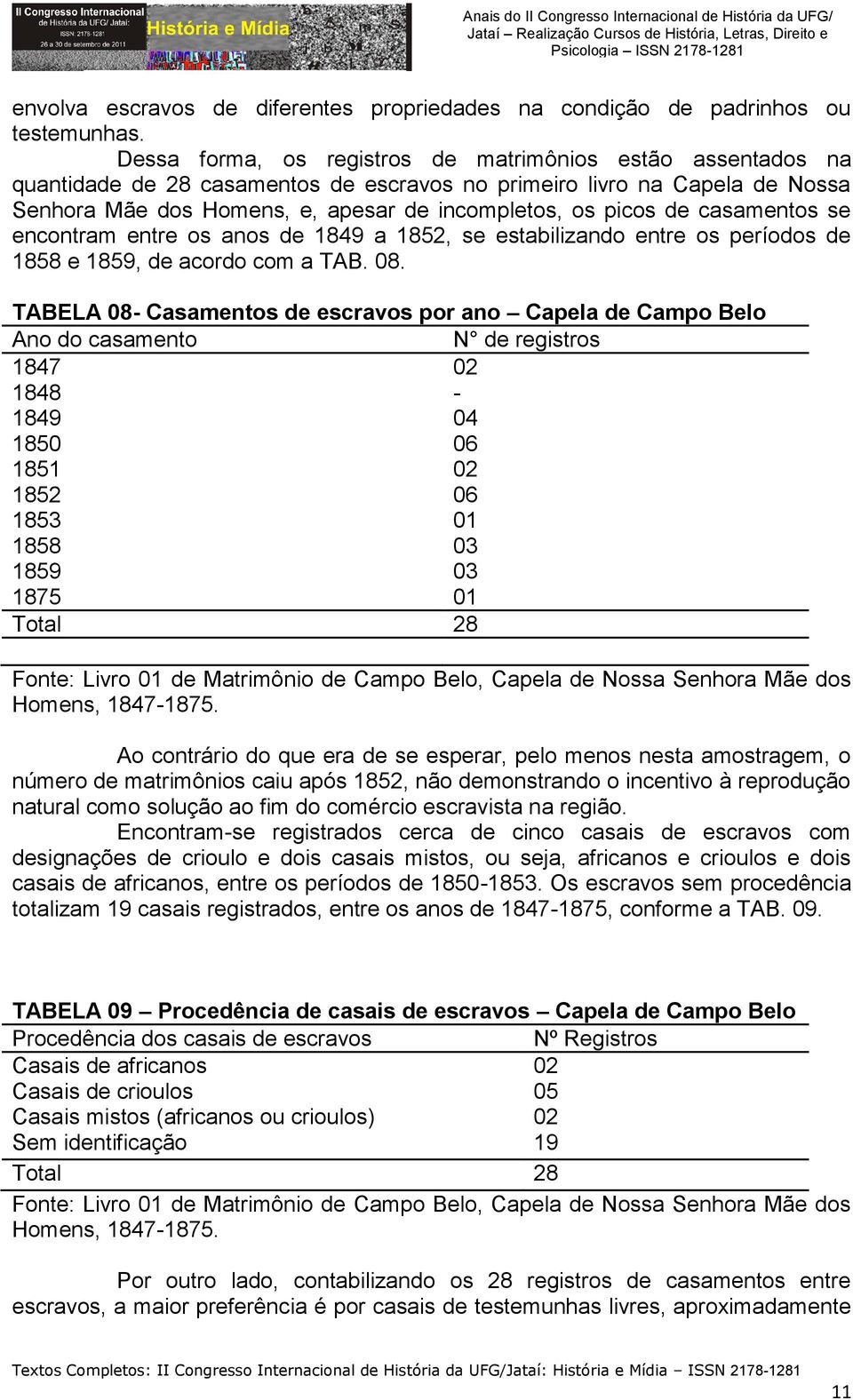 casamentos se encontram entre os anos de 1849 a 1852, se estabilizando entre os períodos de 1858 e 1859, de acordo com a TAB. 08.