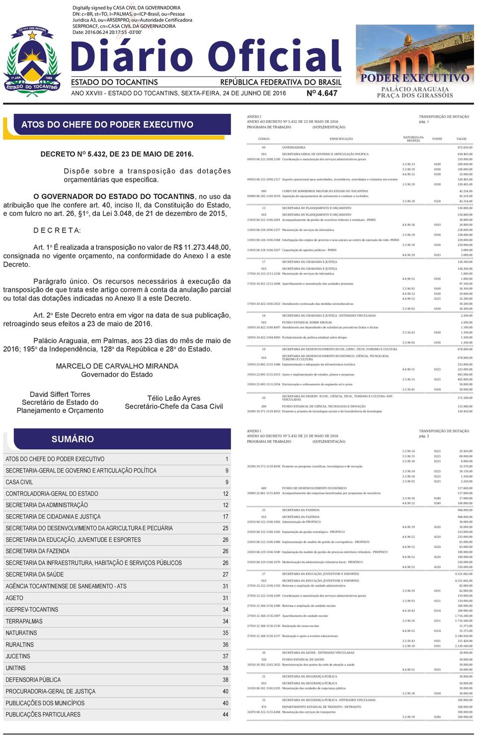 Dispõe sobre a transposição das dotações orçamentárias que especifi ca. O GOVERNaDOR DO ESTaDO DO TOCaNTiNS, no uso da atribuição que lhe confere art.