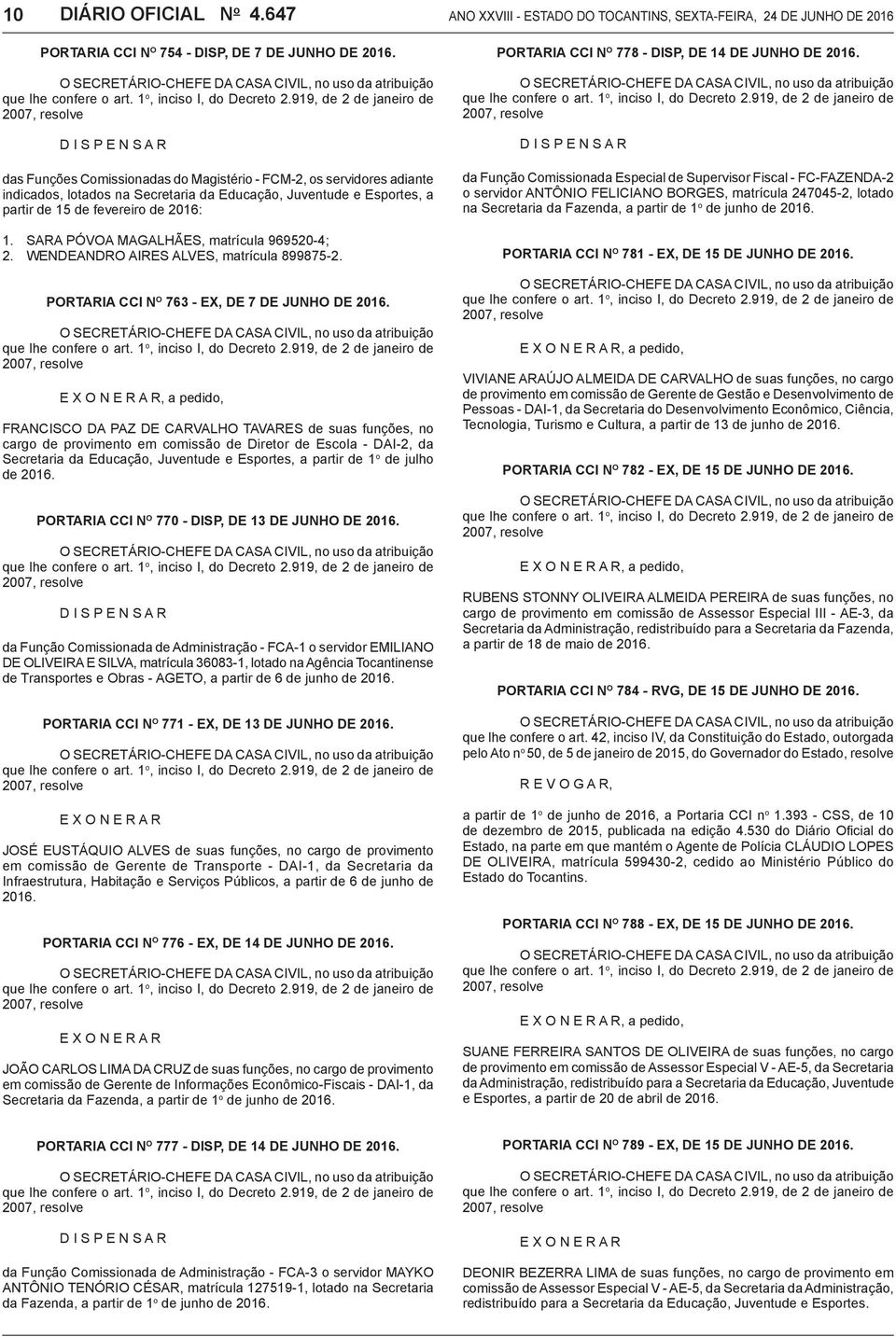 partir de 15 de fevereiro de 2016: 1. SARA PÓVOA MAGALHÃES, matrícula 969520-4; 2. WENDEANDRO AIRES ALVES, matrícula 899875-2. PORTARIA CCI N o 763 - EX, de 7 de junho de 2016. que lhe confere o art.