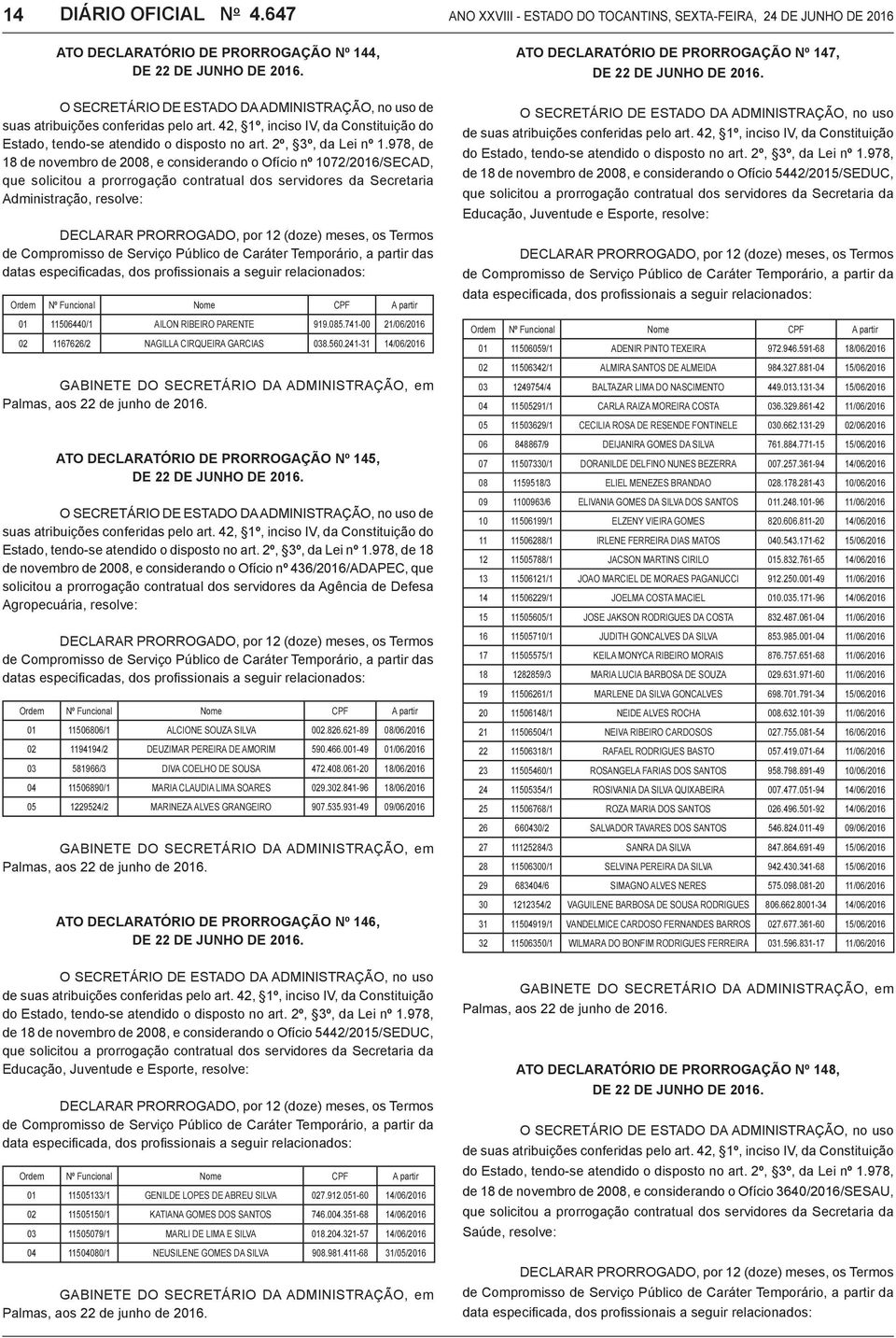 978, de 18 de novembro de 2008, e considerando o Ofício nº 1072/2016/SECAD, que solicitou a prorrogação contratual dos servidores da Secretaria Administração, resolve: DECLARAR PRORROGADO, por 12