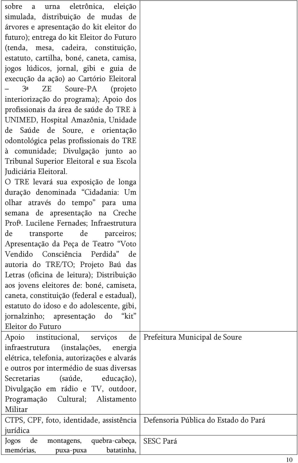 saúde do TRE à UNIMED, Hospital Amazônia, Unidade de Saúde de Soure, e orientação odontológica pelas profissionais do TRE à comunidade; Divulgação junto ao Tribunal Superior Eleitoral e sua Escola