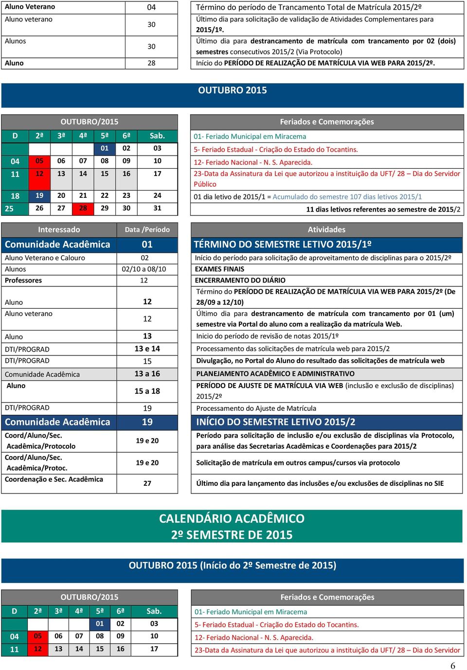 2015/2º. OUTUBRO 2015 OUTUBRO/2015 D 2ª 3ª 4ª 5ª 6ª Sab. 01- Feriado Municipal em Miracema 01 02 03 5- Feriado Estadual - Criação do Estado do Tocantins. 04 05 06 07 08 09 10 12- Feriado Nacional - N.