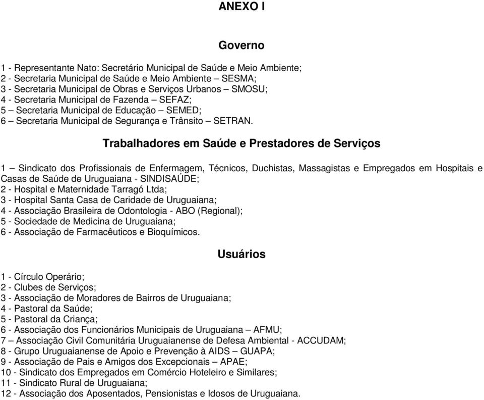 Trabalhadores em Saúde e Prestadores de Serviços 1 Sindicato dos Profissionais de Enfermagem, Técnicos, Duchistas, Massagistas e Empregados em Hospitais e Casas de Saúde de Uruguaiana - SINDISAÚDE; 2