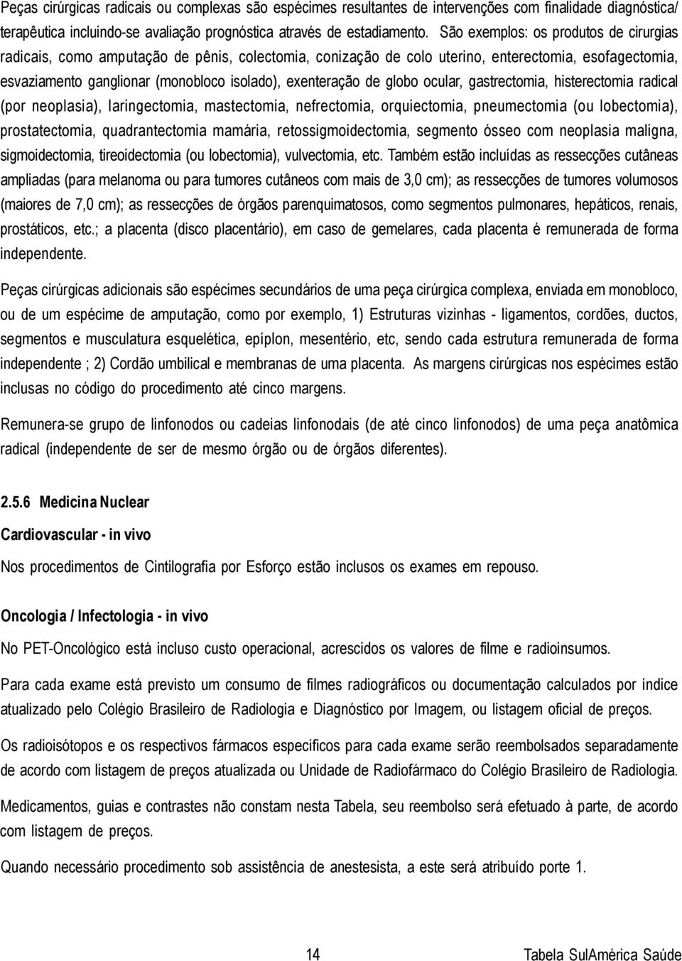 de globo ocular, gastrectomia, histerectomia radical (por neoplasia), laringectomia, mastectomia, nefrectomia, orquiectomia, pneumectomia (ou lobectomia), prostatectomia, quadrantectomia mamária,