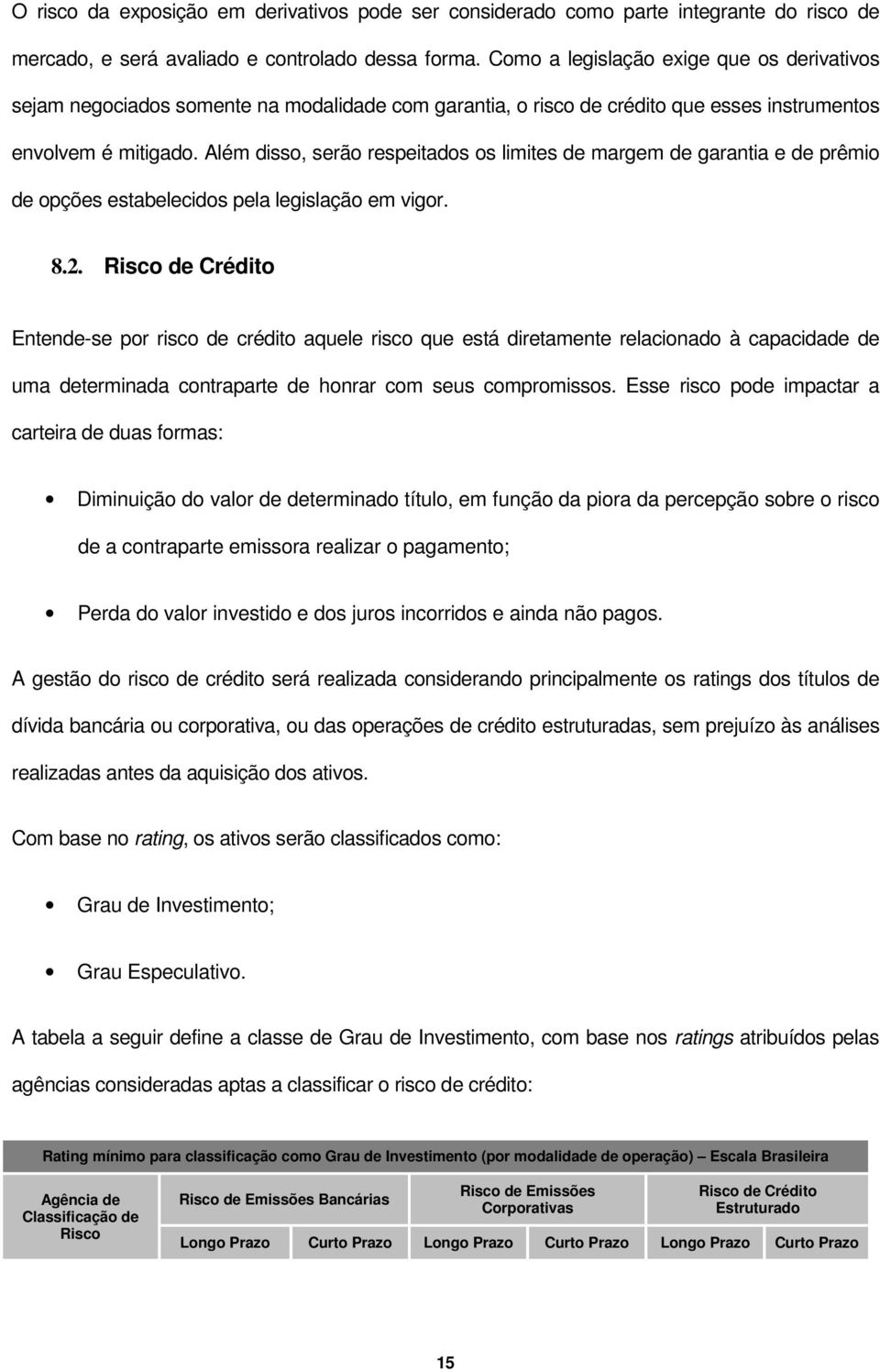 Além disso, serão respeitados os limites de margem de garantia e de prêmio de opções estabelecidos pela legislação em vigor. 8.2.